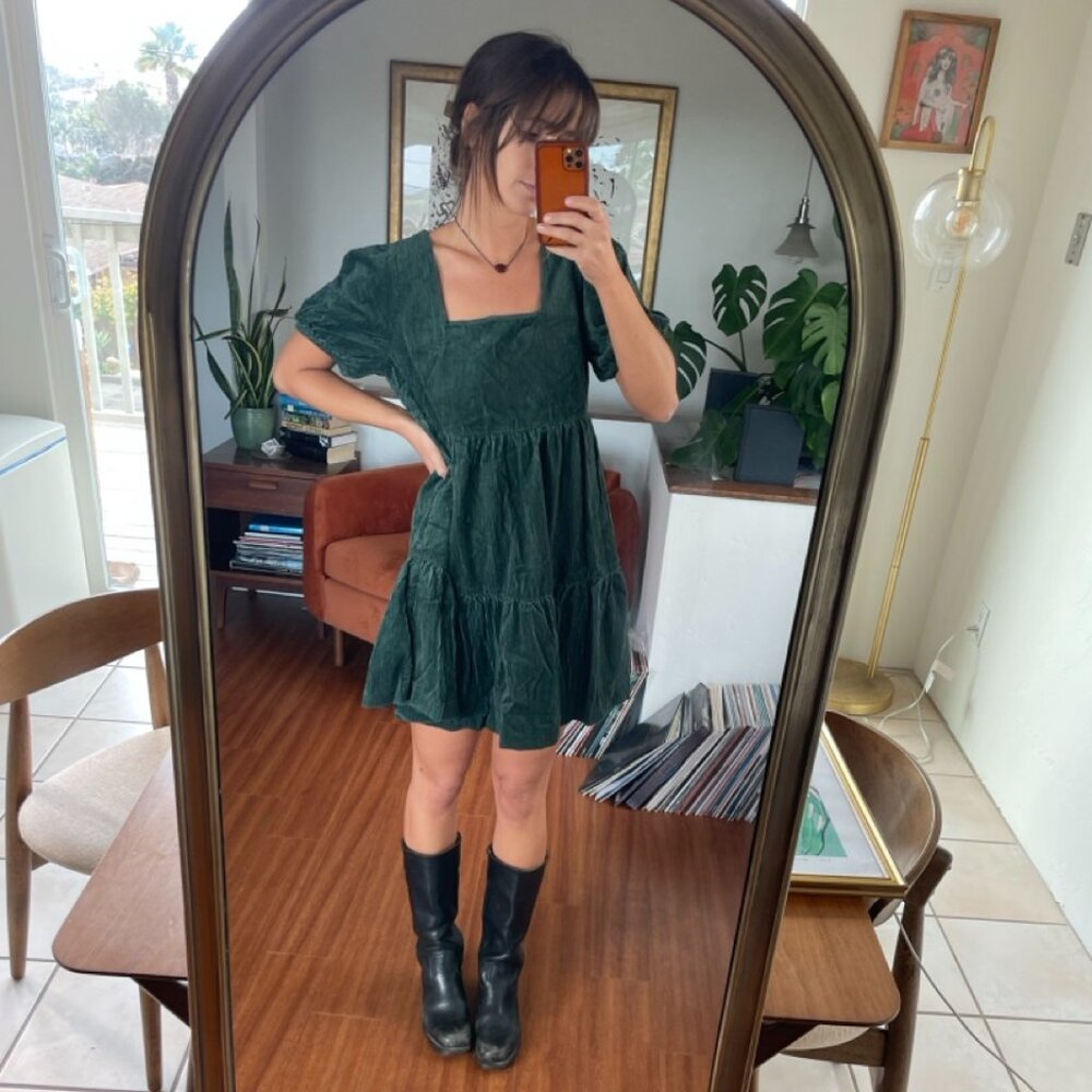 Madewell Square Neck Puff Sleeve Corduroy Babydoll Dress - Forest Green